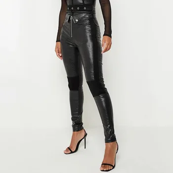 

Crocodile Leather Pants Patchwork Slim Skinny Zipper Ladies Streetwear Leather Trouser Fashion Women Capris Black Faux Trousers