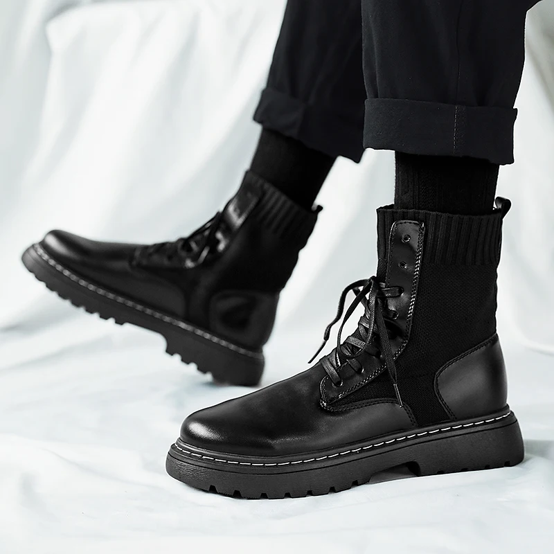 2021 New Leather Socks Men's Ankle Boots Sports Shoes Autumn and Winter Retro Classic Men's Casual Motorcycle Shoes