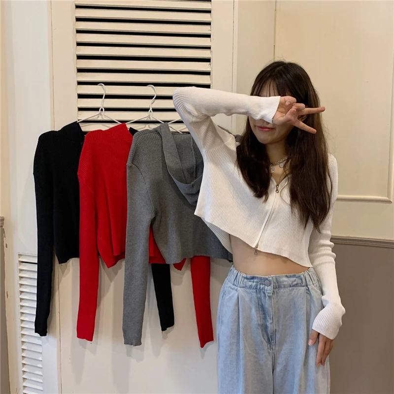 

Autumn retro zipper lazy style slim-fit short knit hooded cardigan sweater