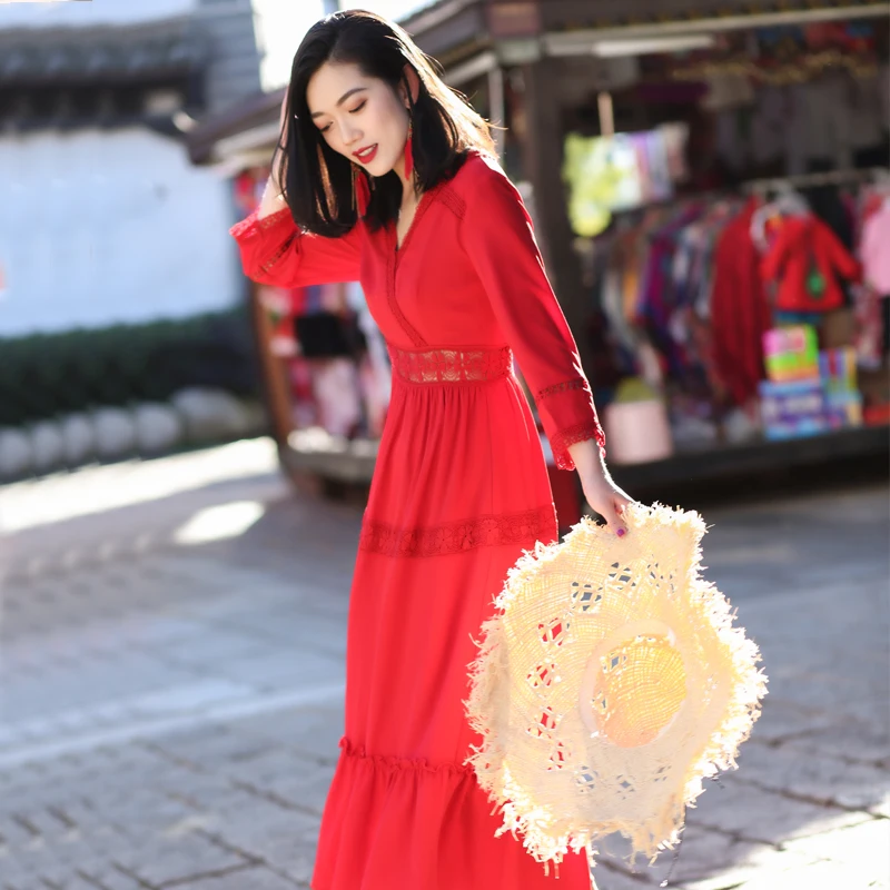 

Beach Spring Women Summer Red Boho Long Dress Elegant Korean Party Ladies Dresses 2020 Vestidos De Verano KJ4271
