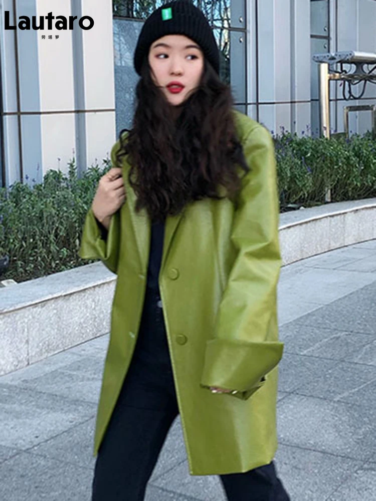 lautaro-autumn-avocado-green-oversized-pu-leather-blazer-long-sleeve-lapel-single-breasted-loose-korean-fashion-2021-y2k-jacket