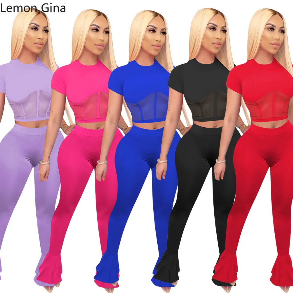 Lemon Gina mesh patchwork crop tops wide leg legging jogger pants suit two piece set sexy party tracksuit matching sweatsuit |