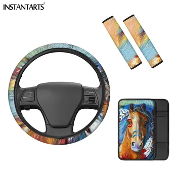 

INSTANTARTS Anti-Slip Car Steering Wheel Oil Painting Horse Universal Center Cover Pad Safety Car Seat Covers for Women 4pcs Set