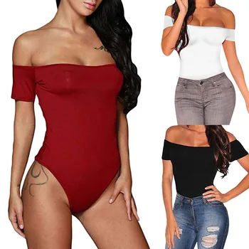 

Elastic Bodysuit Women's Solid Color Black Red White Round Collar Short Sleeve Jumpsuit For Ladies Sexy Off The Shoulder Romper
