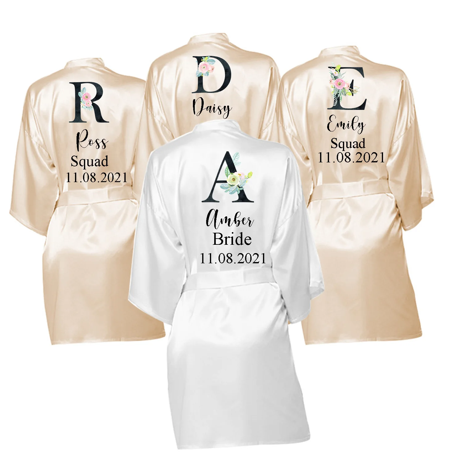 Personalized Name Dressing Gown Bride Kimono Silk bridesmaid Gowns Custom  Wedding Nightgown Bachelorette Party Floral Trim Robes