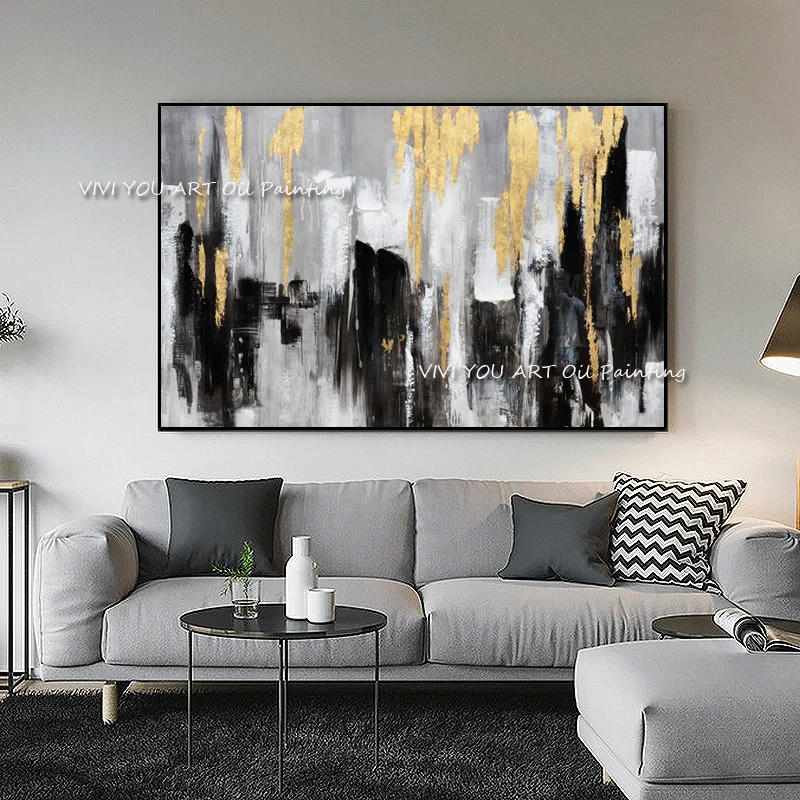 

100% Hand-painted Abstract Gold Foil Oil Painting On Canvas In Living Room Modern Wall Art Decorative Frameless Gift