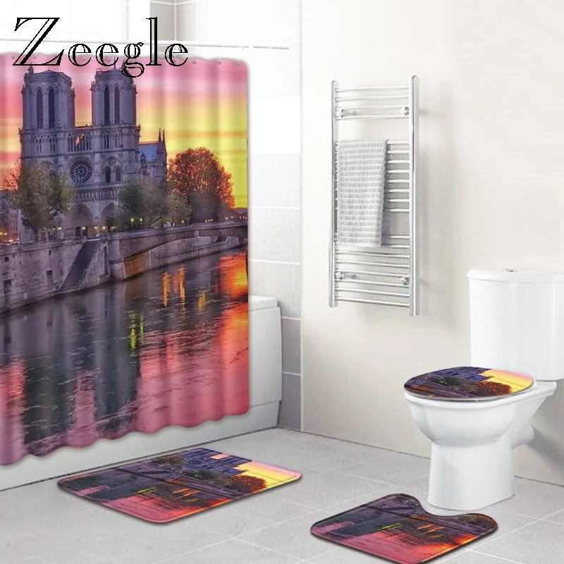 Zeegle Shower Curtain and Bath Mat Set Non Slip Bathroom Doormat Shower Mat Waterproof Bathroom Curatin Washable 4pcs Toilet Set