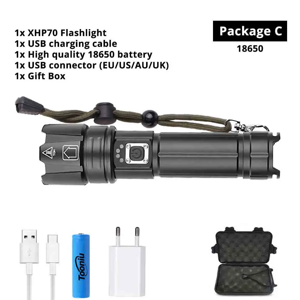 Супер яркий XHP70 светодиодный фонарик USB вход и выход функция тактический фонарь 5 Режим освещения Водонепроницаемый зум охота свет - Испускаемый цвет: 18650-Package C