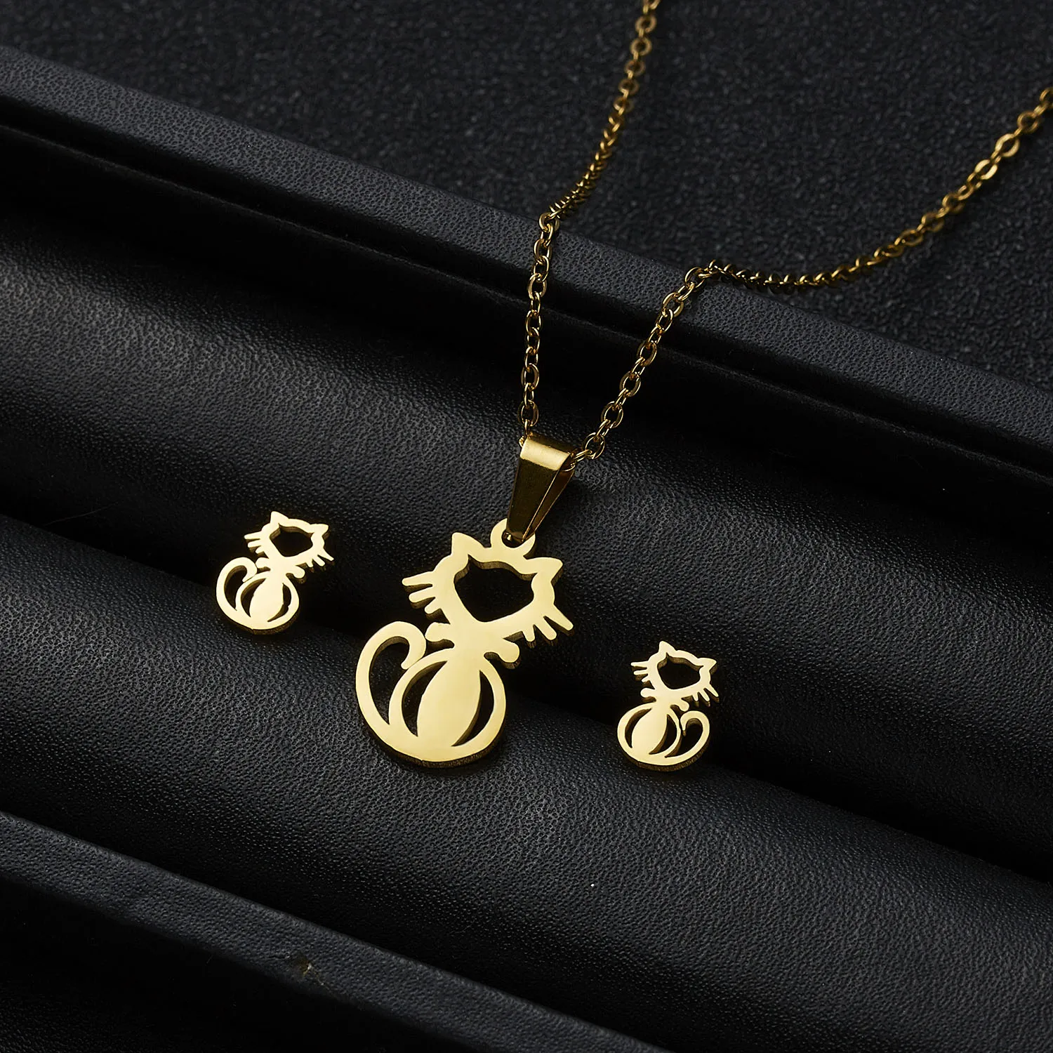 Rinhoo Fashion Jewelry Luxury Gold-color Romantic Necklace Earring Set For Women Wedding Party Stainless Steel Jewelry Set Gifts