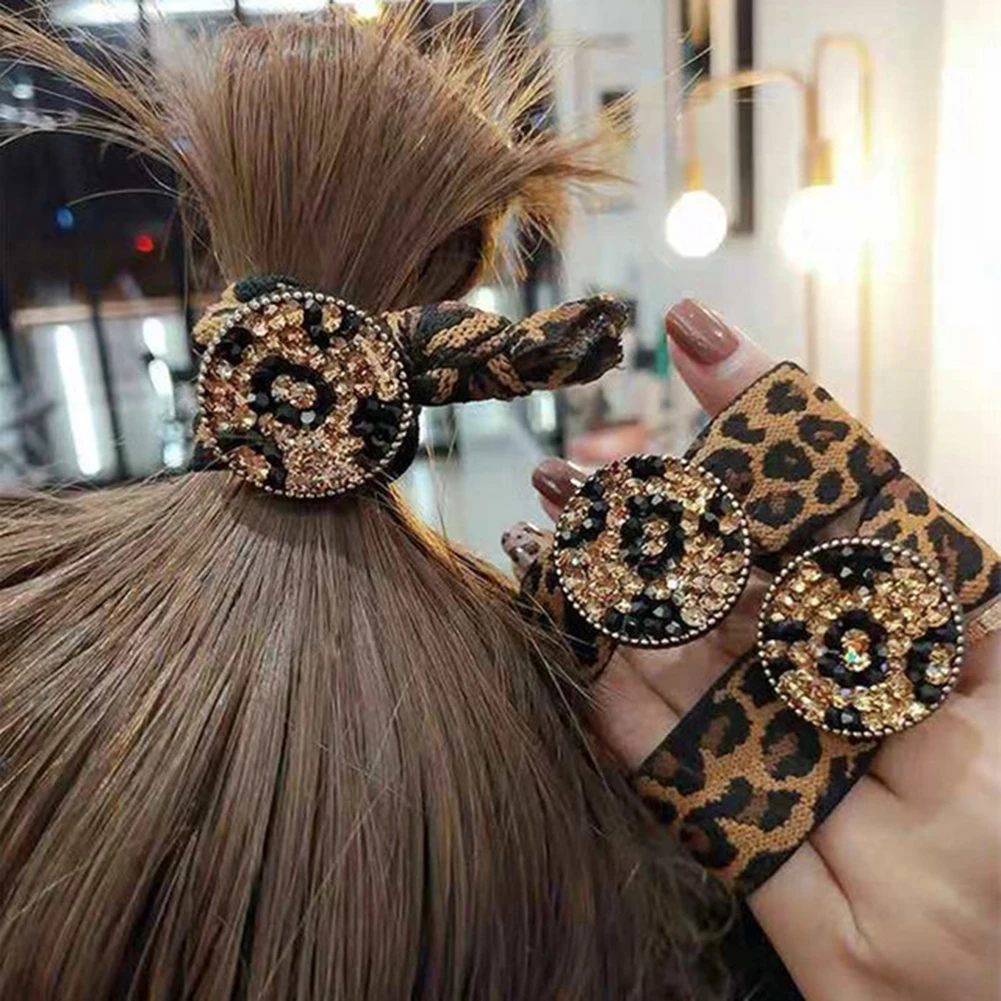 

Version Of The Smiley Face Elastic Hair Bands Leopard Print Crystal Shiny Rainbow Elastic Rubber Band Fashion Stone Headwear Hot