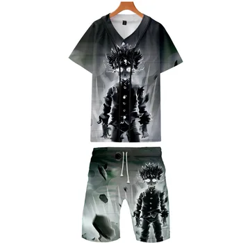

2019 Mob Psycho 100 two piece set jackets and shorts Kpop Fashion new cool print Mob Psycho 100 Rossbaseball jacket set for men