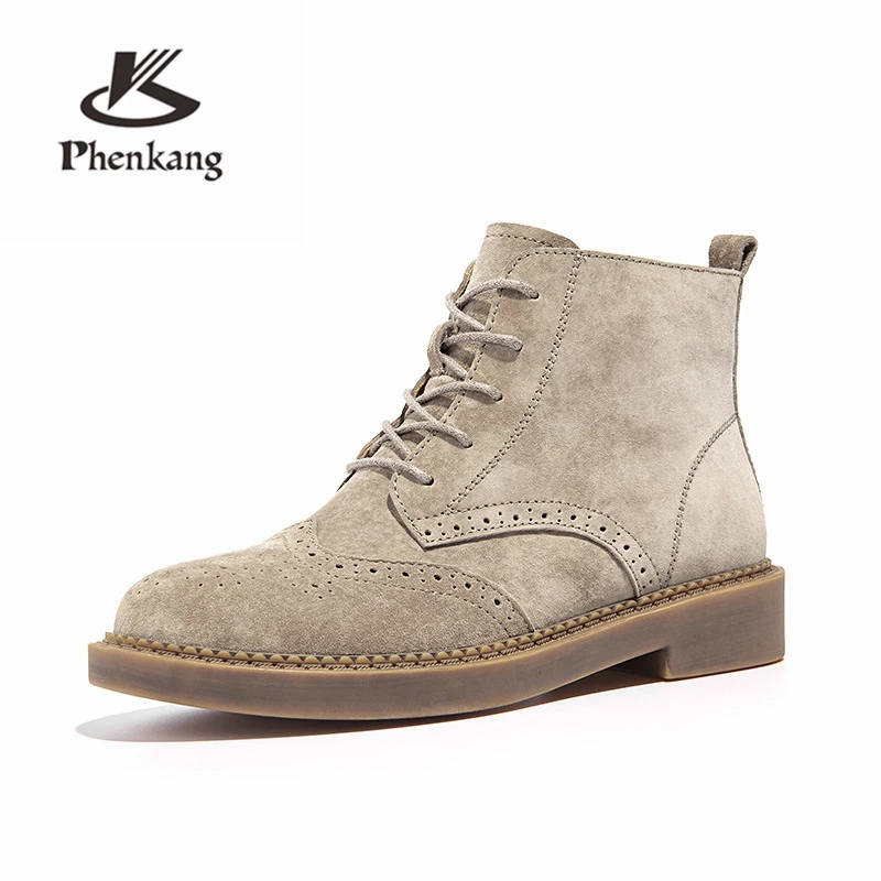 

Women Winter Snow Boots Genuine suede leather Ankle Spring cheleas boot woman Short Brown 2019 for women boots brown beige