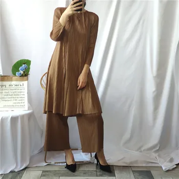 

Miyake Folded Large-sized Autumn New Long-style Shirt Suit with Slim High-end Temperament Pantsuit
