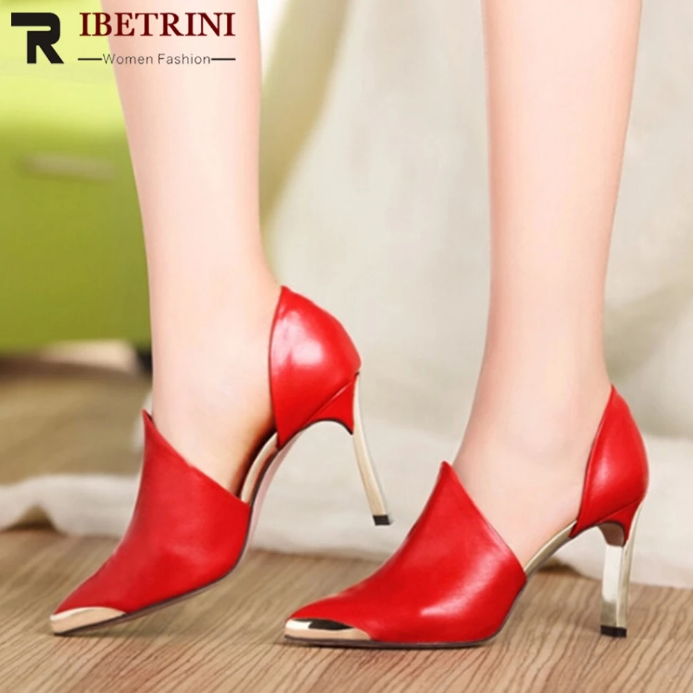 

RIBETRINI Female Brand Sexy Solid Dress Shoes Woman Fashion Metal Decorating Genuine Leather Pumps Women Holiday High Heel Pumps