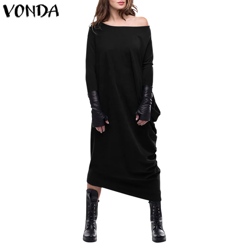 Платье для беременных с длинным рукавом VONDA модное однотонное платье-рубашка вечерние платья в богемном стиле - Цвет: Черный