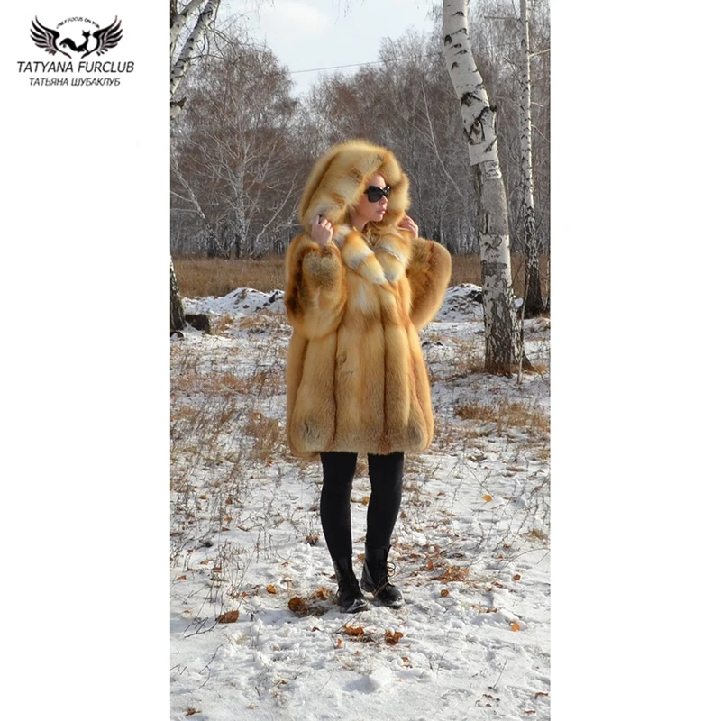 Tatyana Furclub Роскошная модная шуба из натурального Лисьего меха женская куртка из натурального меха Золотой лисы с капюшоном Толстая теплая настоящая русская шуба
