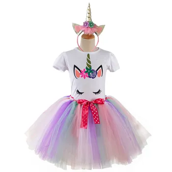 

Girls Sets Clothing Unicorn Cotton Tshirts Baby Girl Tutu Dress Party Birthday Free Headband Girls Clothes 10 12 Year