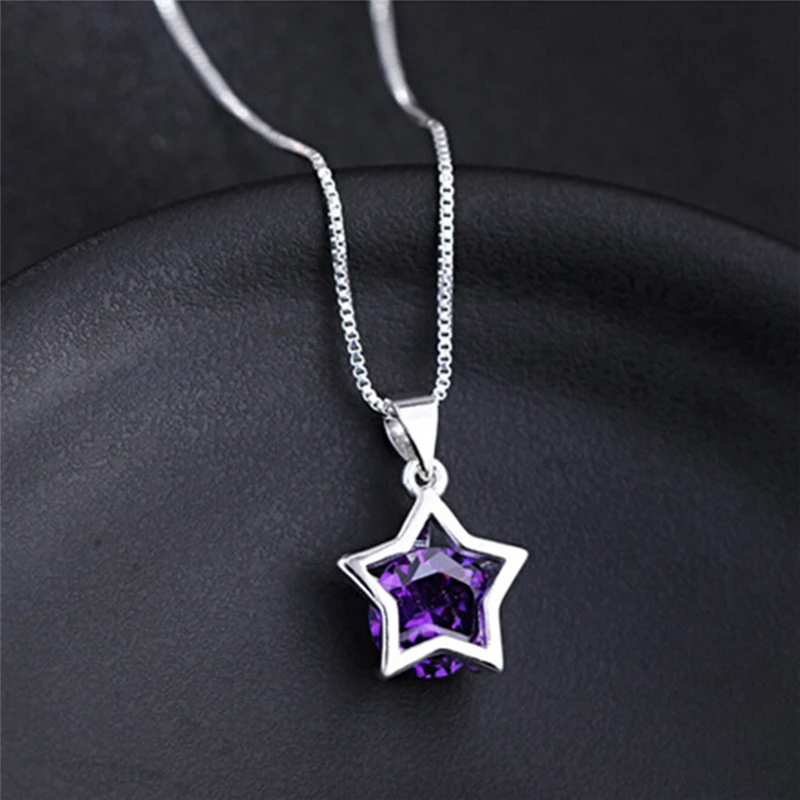Silver Plated Hollow Tone Star Necklace Zircon Crystal Pendant Necklaces for Women 42 cm Long Chain Jewelry Gifts