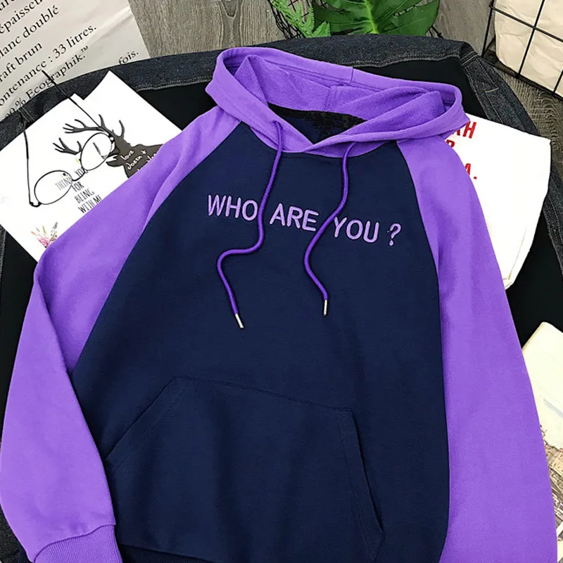  2019 Autumn Sweatshirts Women Hoodies Letter Embroidery Who Are You Patchwork Loose Hooded Pullover