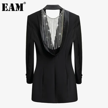 

[EAM] Women Backless Rhinestones Temperament Dress New Lapel Long Sleeve Loose Fit Fashion Tide Spring Autumn 2020 1DA685