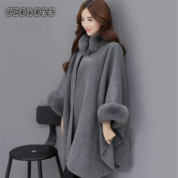 

Ponchos and Capes Women 2020 Christmas Fashion Flare Sleeve Faux Fox Fur Collar Winter Wool Cloak Cape Coat Poncho Long Overcoat