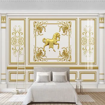 

Custom Any Size Mural Wallpaper European Style 3D Carved Golden Decorative Lattice Horse Wall Painting Living Room TV Sofa Mural