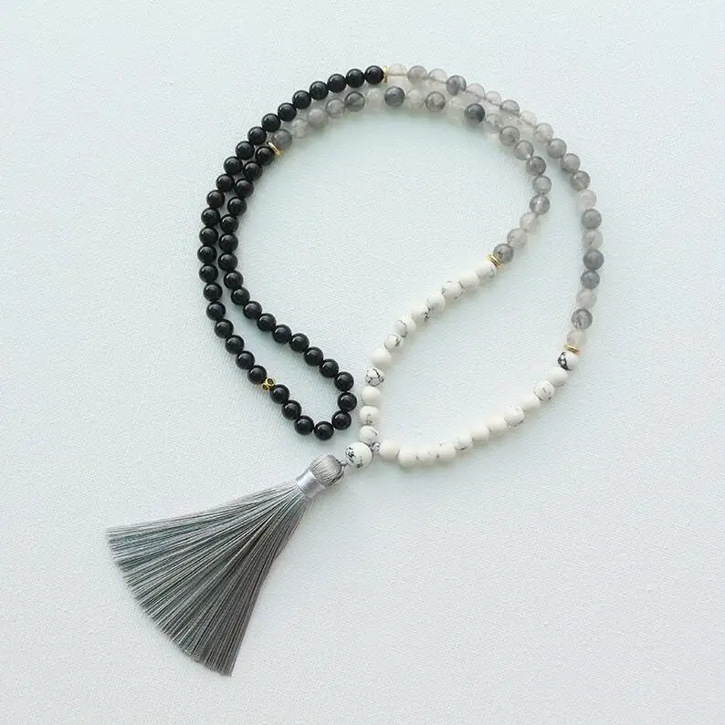 6 мм бусины из натурального камня, Howlite, черный оникс, целебные, Мини японские наборы, духовные ювелирные изделия, медитация, Вдохновляющие, 108 бусы мала - Окраска металла: Светло-желтый, золотистый цвет