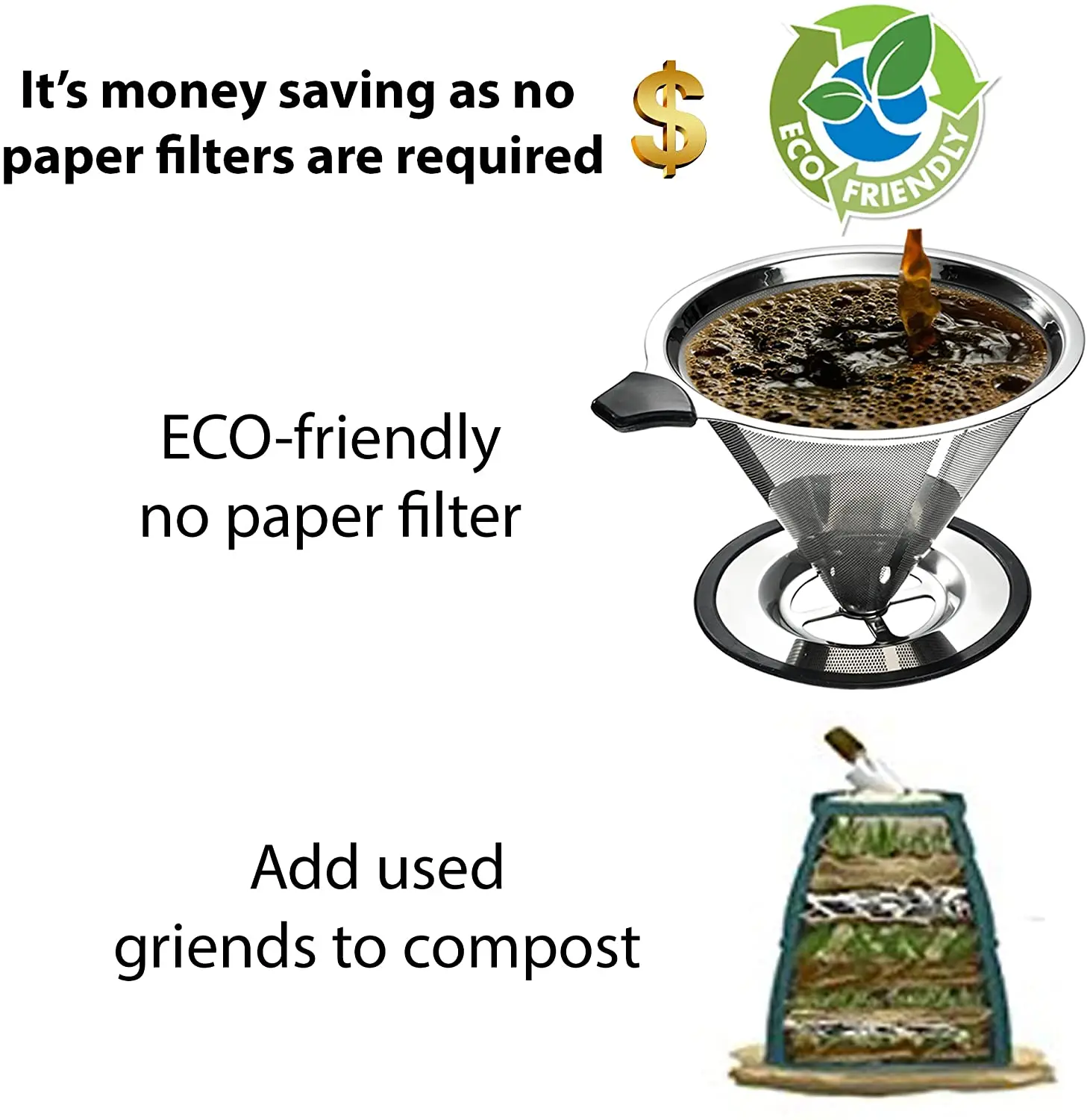 Stainless Steel Pour Over Coffee Cone Dripper Paperless Reusable Ultra Fine Micro Mesh Filter
