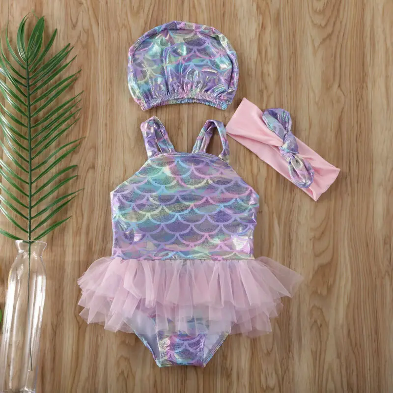 

PUDCOCO Cute Kids Baby Girls Mermaid Bikini Set Bowknot Mesh One Piece Swimsuit Swimwear Bathing Suit Headband Hat 3Pcs Costume