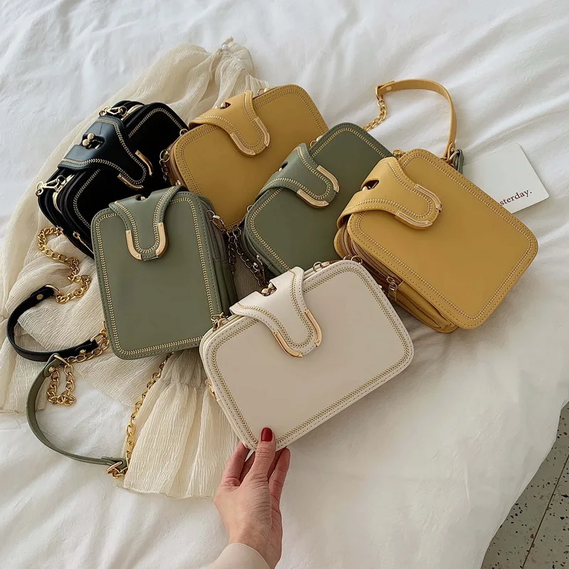 

Bag Women's 2019 New Style Korean Pu Solid Color Versatile WOMEN'S Bag Retro Chain Square Sling Bag Shoulder Diagonal