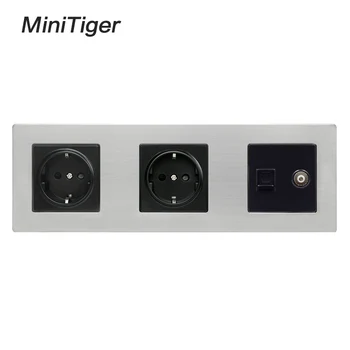 

Minitiger Stainless Steel Panel Double Wall Socket 16A EU Power Outlet + Female TV Jack with RJ45 CAT5E Internet Port Silver