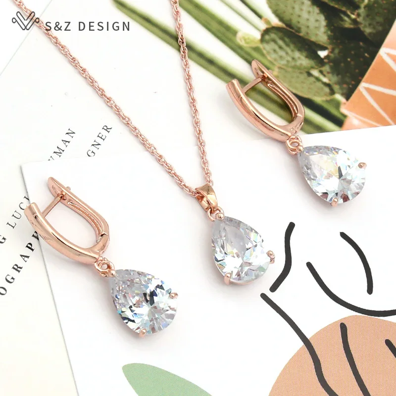 S&Z DESIGN Classic Water Drop Cubic Zirconia Jewelry Sets For Women 585 Rose Gold Color Dangle Earrings Pendant Necklace