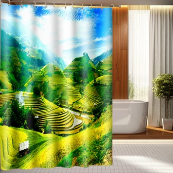 

3d Shower Curtains Green Terraced Landscape Pattern Waterproof Bathroom Curtain Thicken Fabric Bath Curtains With Hooks BE-046