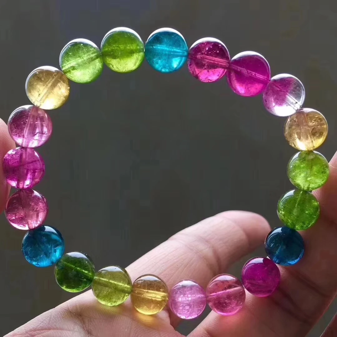 

Top Quality 9mm Natural Colorful Rainbow Tourmaline Clear Crystal Round Beads Bracelet Brazil Women Men AAAAAA Certificate