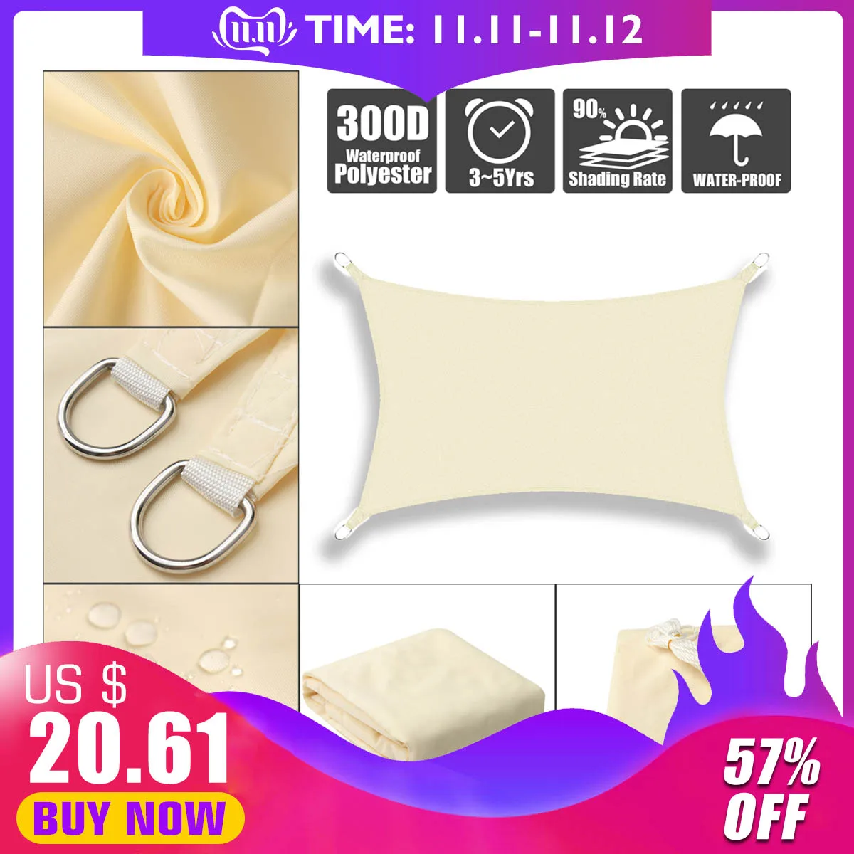 Günstige 2,5x2,5 3x3 4x4 5x5 2x3 2x4 2x5 3x4 3x5 3x6 Licht Beige Platz Rechteck Extra Heavy Duty Sonnensegel Tuch aufhänger