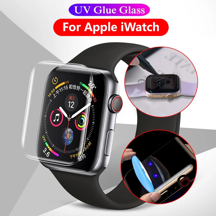 Закаленное стекло с УФ-клеем для Apple Watch Series 7 3 41 45 42 38 40 44 мм защитная пленка экрана