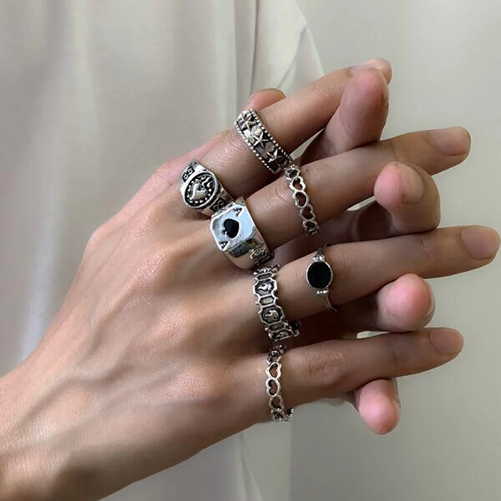 Silver Ring Ring Set Punk Vintage Poker Billiards for Women Gothic Heart Anillos Hip Hop Y2k Korean Fashion Male Gift Jewelry