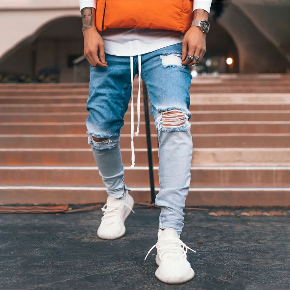 Men Hip Hop Ripped Jeans 2020 New Gradient Denim Pants Slim Fit Vintage Cowboys Trousers Male D30 Men Hip Hop Ripped Jeans 2020 New Gradient Denim Pants Slim Fit Vintage Cowboys Trousers Male D30