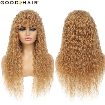 

Water Wave Human Hair Wigs With Bangs Honey Blonde Colored Human Hair Wigs Brazilian NonRemy Cheap Wigs For Black Women GOODHAIR