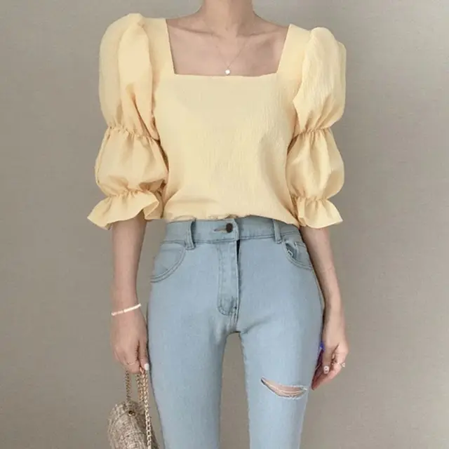 Vintage Puff Sleeve Blouse Square Neck Women Shirts Tops Sexy Slim Women Blouse