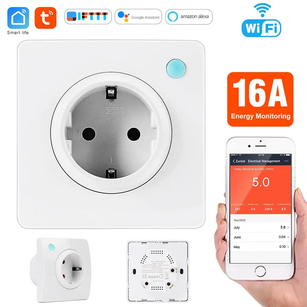 

Tuya Wifi Smart Wall Socket Plug 16A EU Energy Monitor WiFi Socket Smart Life App Control Electrical Socket Switch