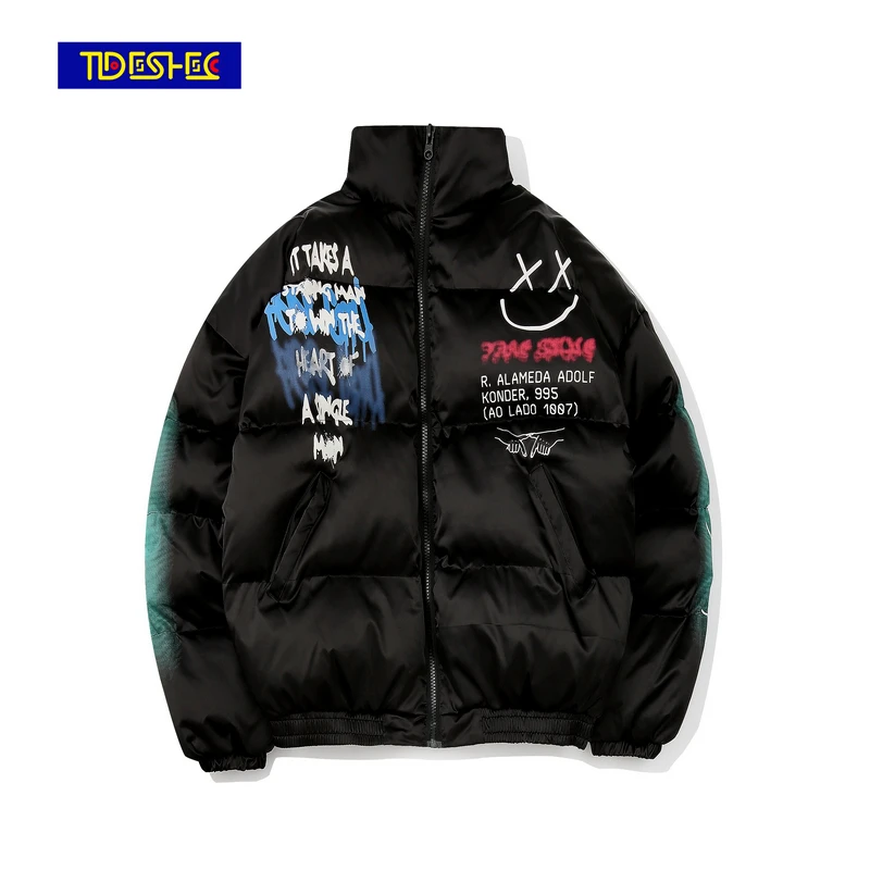 Hip Hop Casual Thick Warm Jackets Coats Graffiti Print Puffer Cotton Padded Parkas Streetwear Hipster Fashion Winter Coat | Мужская