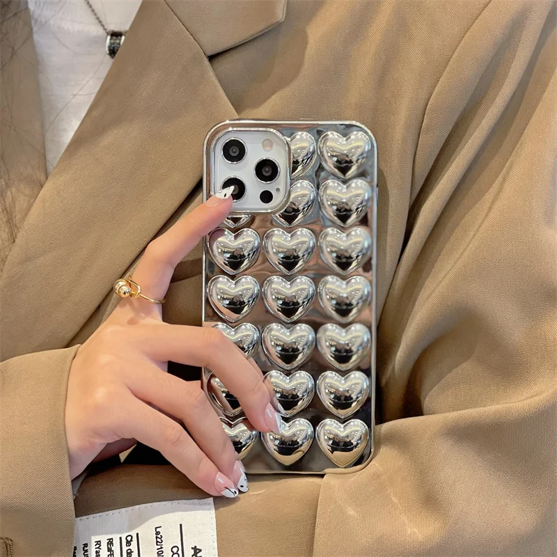 

3D Silver Metallic Hearts Phone Case For iPhone15 14 13 12 11Pro XSMAX XR 78plus SE2/3 Glossy Full Cover Skinny Shell Protection