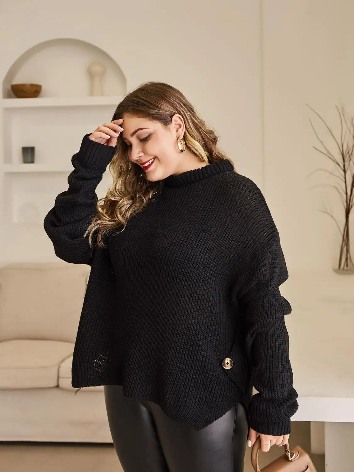 Women's Sweater Plus Size O-neck Turn-over Pullover Long Sleeve Solid Color Winter Fashion Women 2019 XXXL | Женская одежда