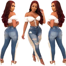 S-3XL Ripped Hole Tassels Pencil Long Pants Sexy Jeans Women Summer Bodycon High Waist Slim Denim Trousers Party Club Outfits