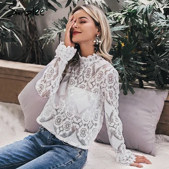 Simplee Elegant white lace blouse shirt Sexy hollow out embroidery feminine blouse Women long lantern sleeve summer tops female 1