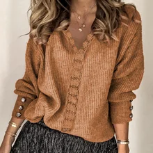 

Women's Fashion Sweater Solid Color Long Sleeve V-neck Lace Patchwork Knitted Sweater Ladies Top Plus Size 2021 New Streetwear