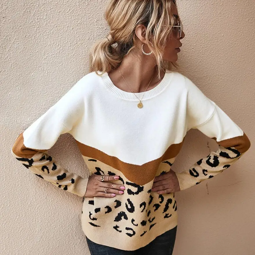 2020 de moda de leopardo de las mujeres suéter otoño invierno de las señoras o-cuello de manga completa Casual de mujer jerseys de gran tamaño