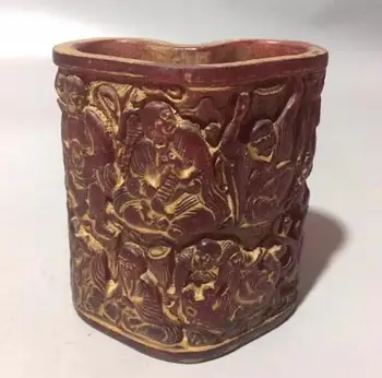 

Geomantic Handmade Amber Heart-shaped Pencil Holder Jar Carved The Eighteenth Luohan Safe And Auspicious Gift