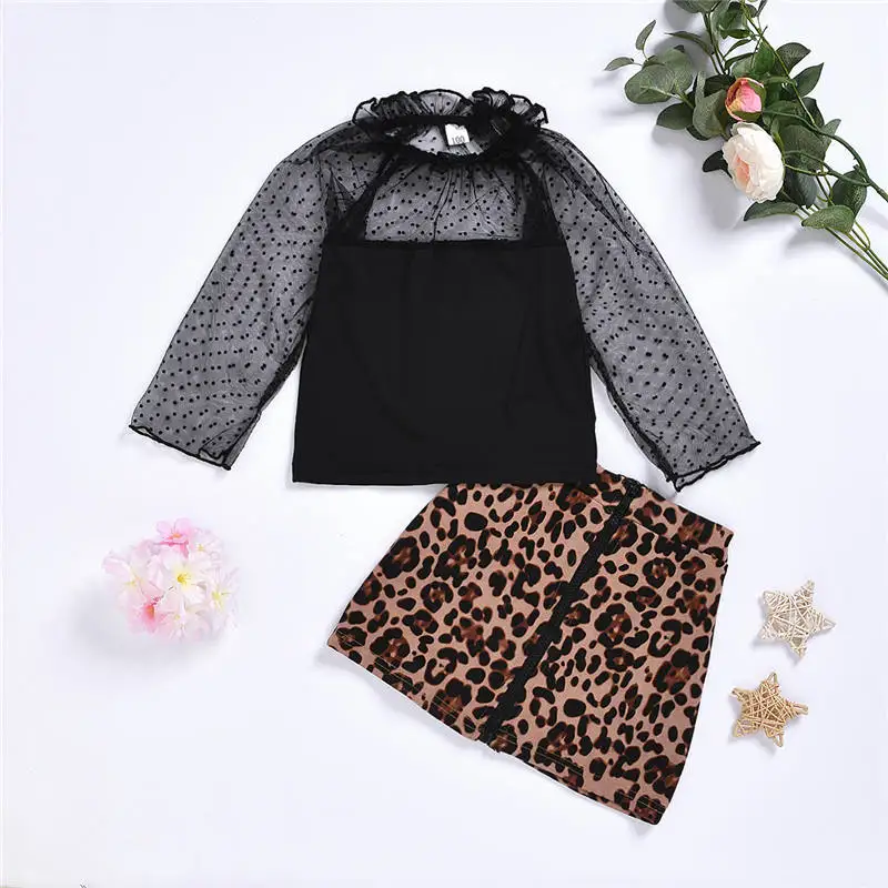 fashion kids girl clothes set leopard skirt black shirt (8)